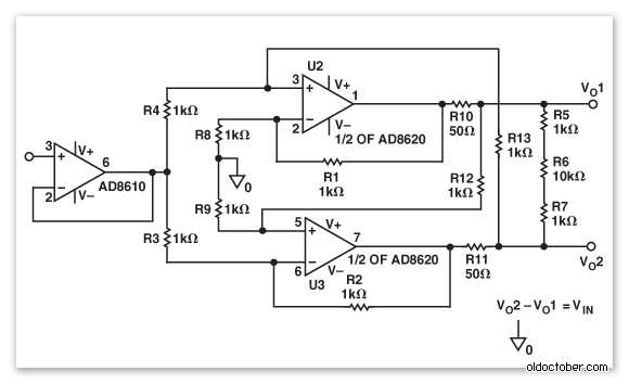 Типовая схема микрофонного усилителя на микросхеме AD8610, AD8620.png