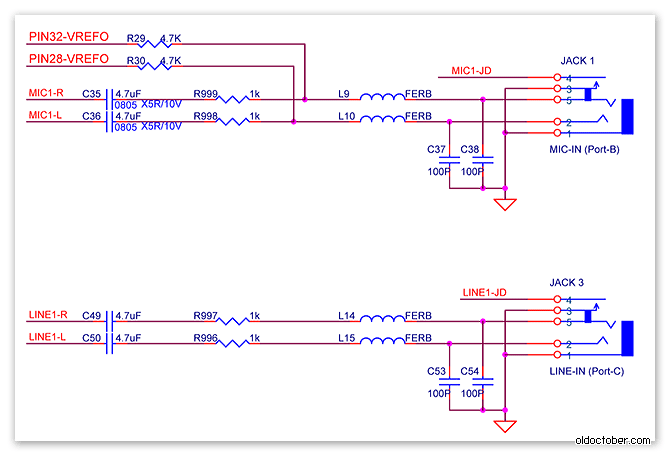 Схема развязки аудиопроцессора ALC889 с гнездом Джек.gif