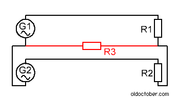 Эквивалентная схема двух источников тока, использующих один проводник.