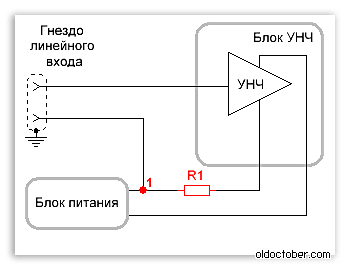 Эквивалентная схема подключений УНЧ к общей шине.