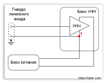 Исправленная эквивалентная схема подключения УНЧ к общей шине.