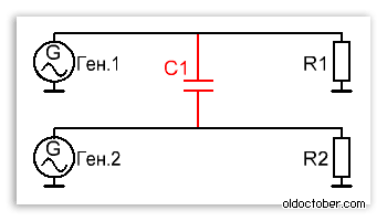 Реактивная эквивалентная схема подключения двух генераторов.
